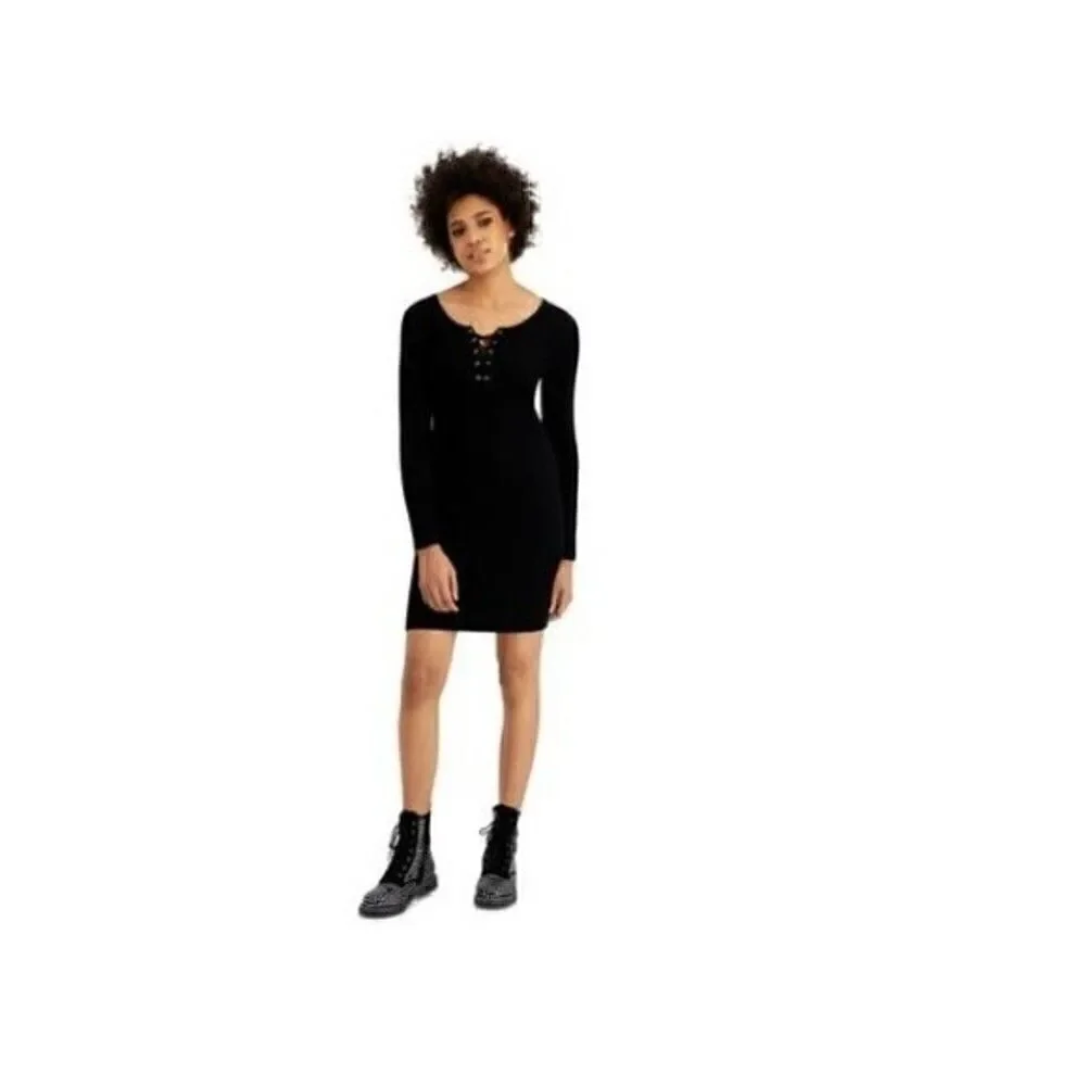 HIPPIE ROSE Juniors' Lace Up Sweater Dress black dress XL